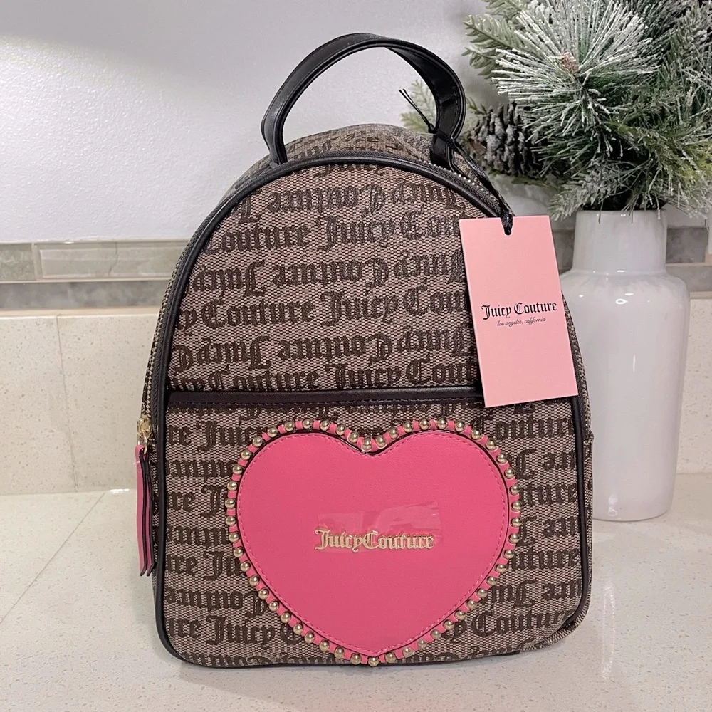 NEW Juicy Couture Brown Monogram‎ Mini Backpack Pink Studded Heart Gothic Logo